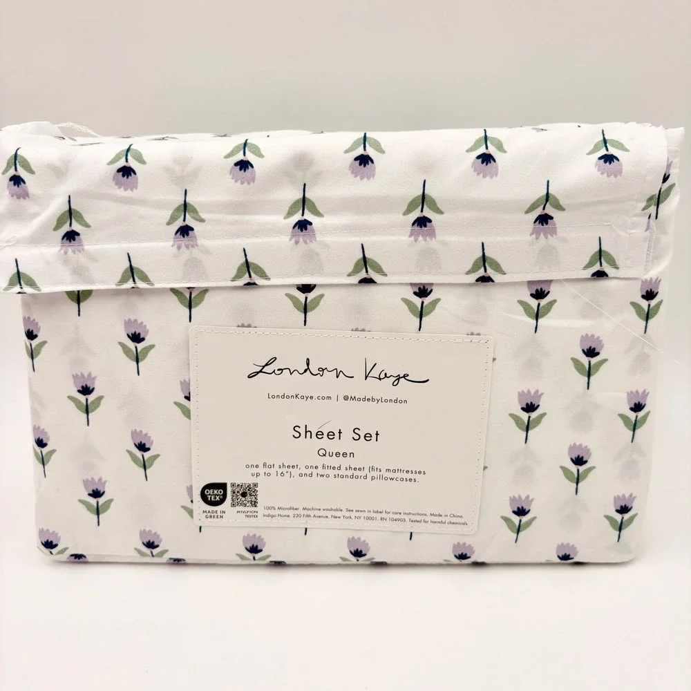 London‎ Kaye Queen Sheet Set White Purple Tulip Floral Print Microfiber 4 Piece